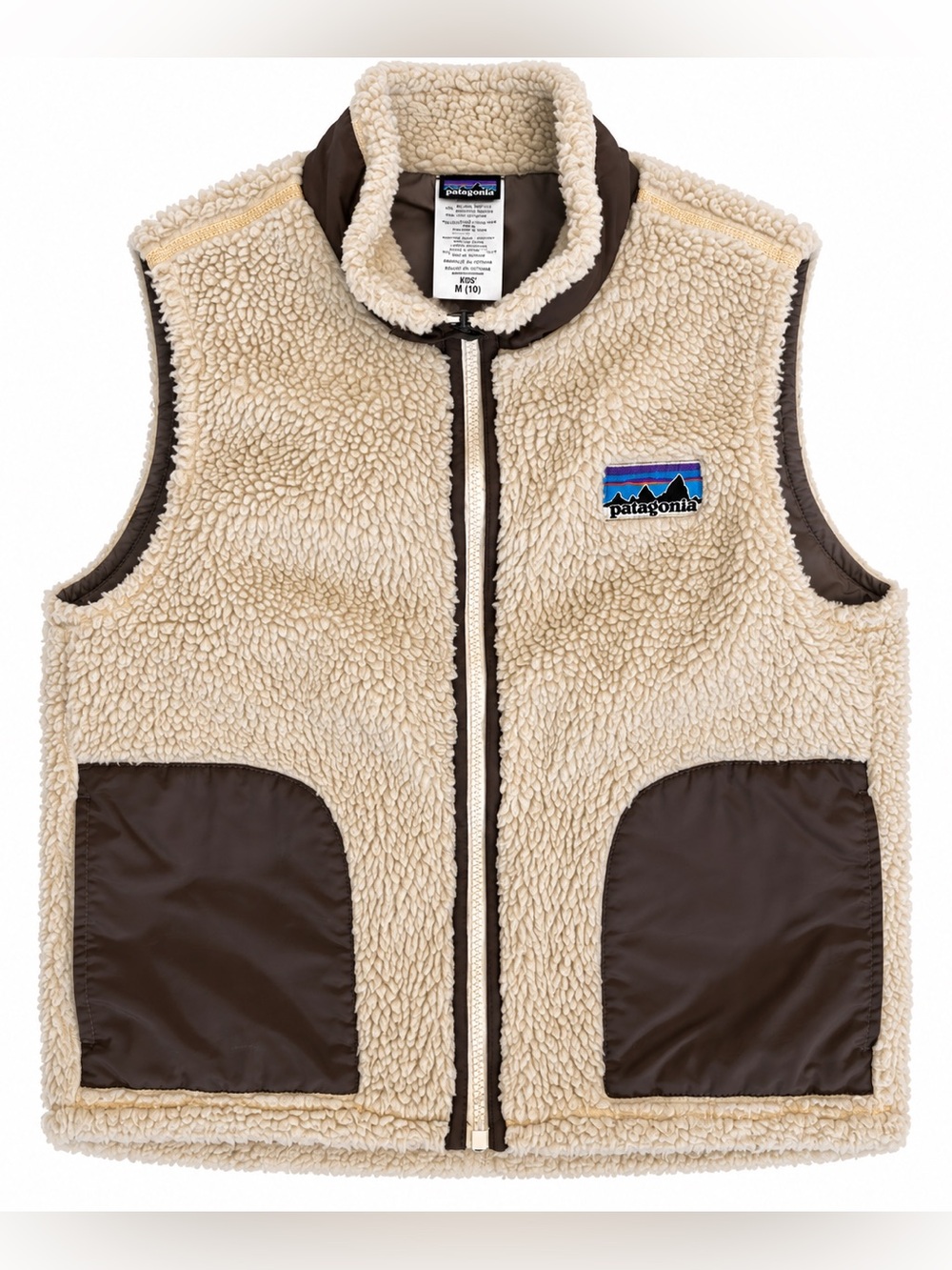 Patagonia Kids Cream Sherpa Vest with Brown Trim and Pockets